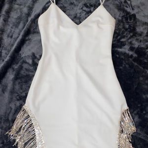 White Sparkly Rhinestone spaghetti strap high leg mini dress